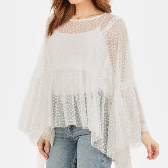Sheer Polka Dot Blouse And Flutter Wing Sleeves. Sizes S-L. New!